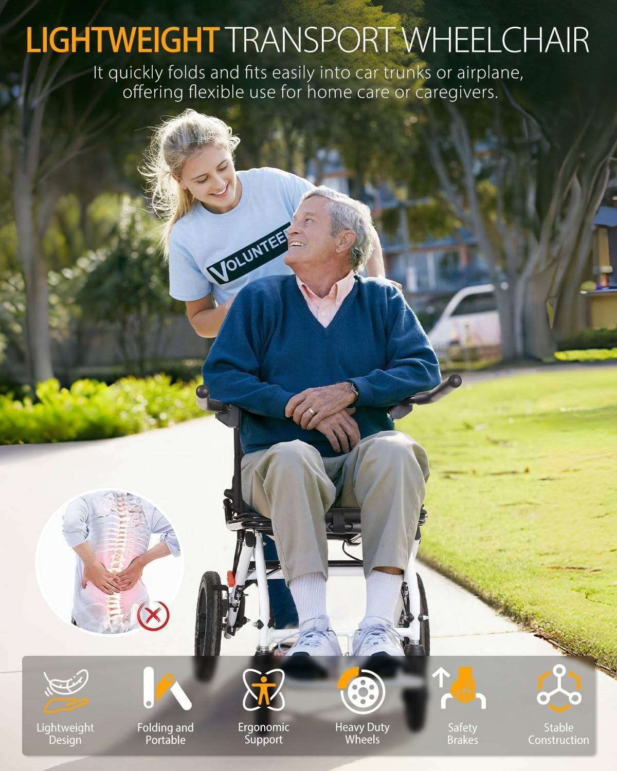 Lightweight Foldable Wheelchairs for Adults Transport Chair with Telescopic Handle, 21Lbs Portable Folding Travel Transfer Wheel Chairs for Seniors, 12" Rear Wheels