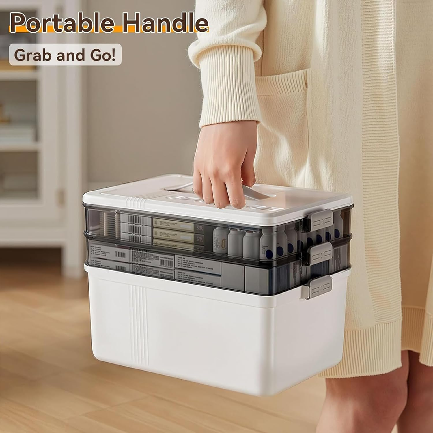 3-Layer Medicine Storage Box, Large Capacity First Aid Organizer with Handle, Moisture-Proof & Dustproof, Multi-Purpose Plastic Storage Container for Medicine, Cosmetics,Household Essentials