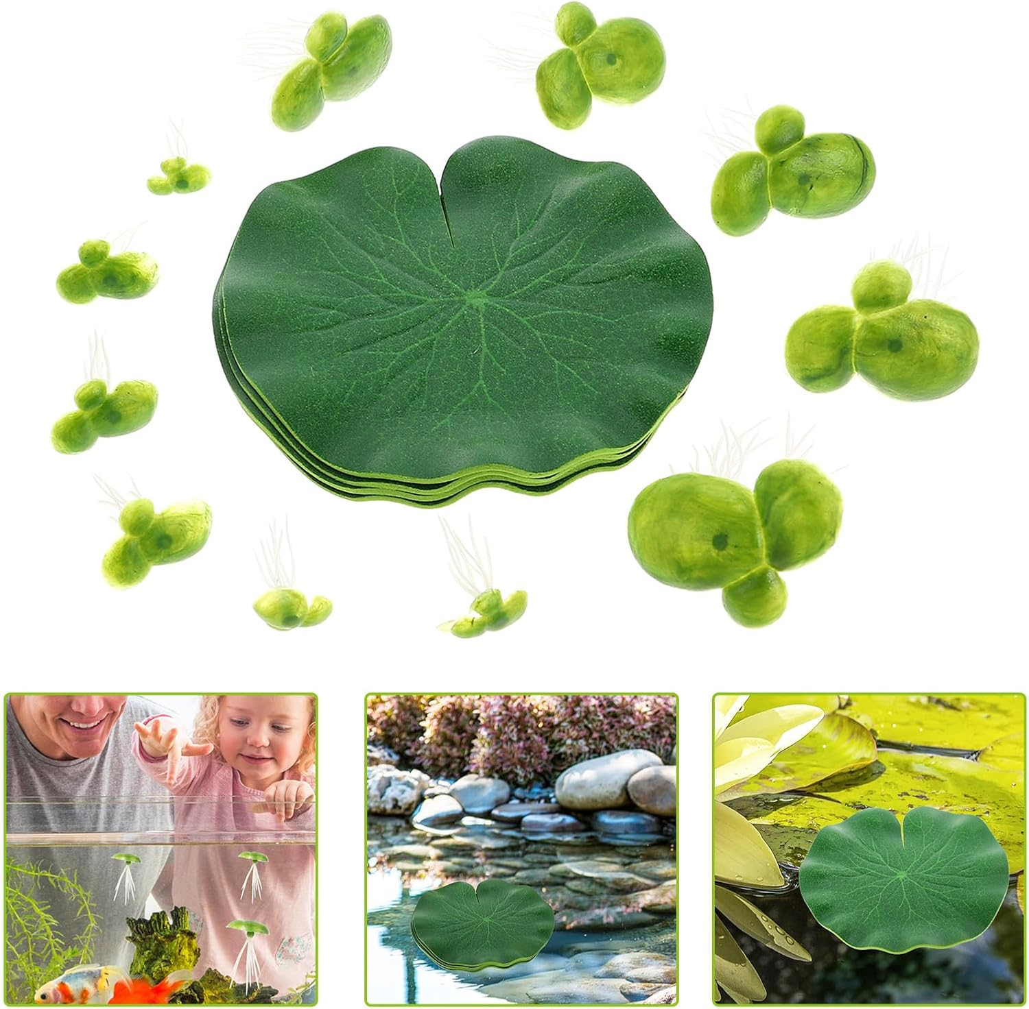 Amosfun Aquarium Plant Aritificial Floating Plants Lotus Leaves Duckweed - 4Pcs 10Cm Floating Lily Pad Pond Decorations and 2 Small Bags of Plastic Duckweed image number 5