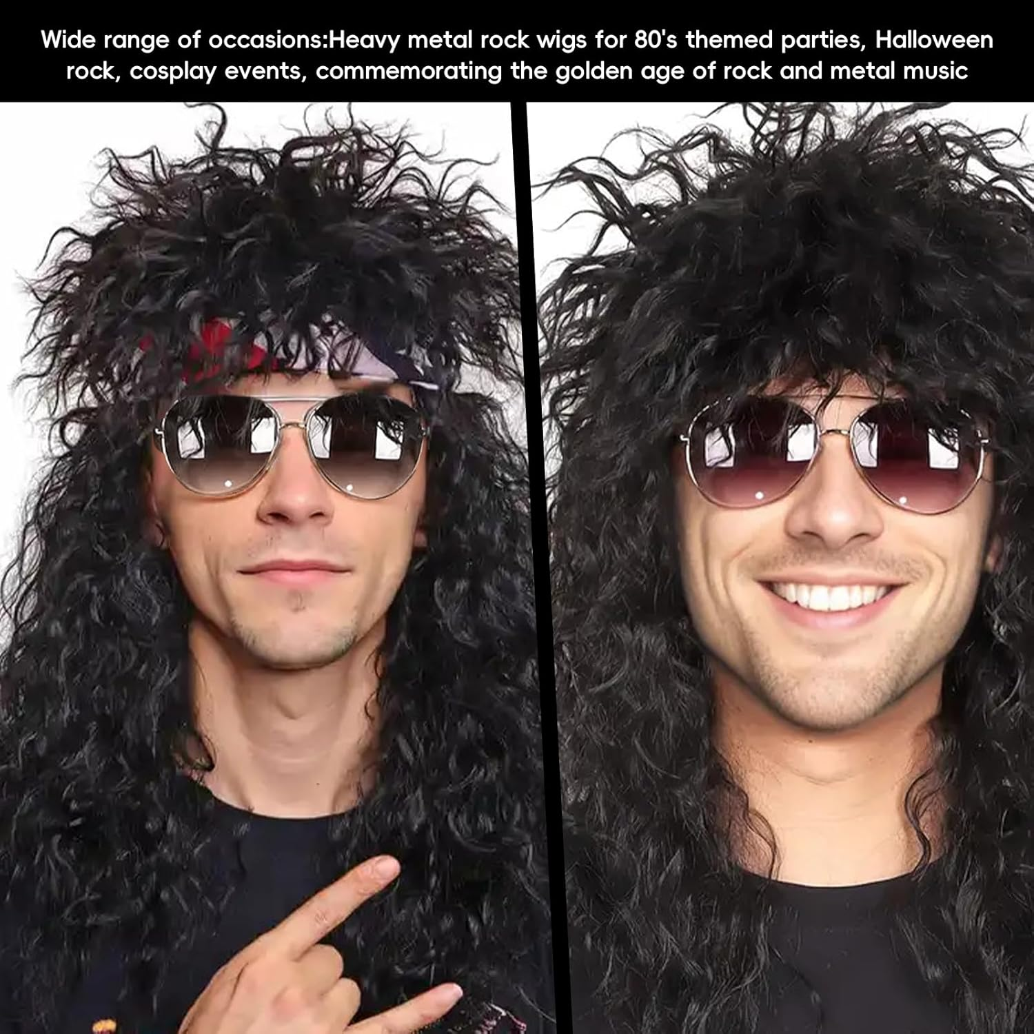 Xlihdzum Retro Hippie Rock Costume Men'S Long Curly Wig Black Curly- Disco Costume Men'S Party 70'S 80'S 90'S Mullet Wig for 80S Men Mens Wig Halloween Rave Cosplay image number 4