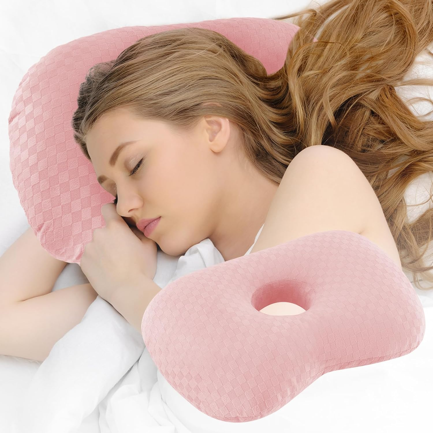 Wuronsa Ear Piercing Pillow with an Ear Hole, Cotton and Polyester Side Sleeping Pillow for CNH and Ear Pain Ear Inflammation Pressure Sores for Side Sleepers, Ear Guard Pillow (Light Pink) - Black Silk image number 7