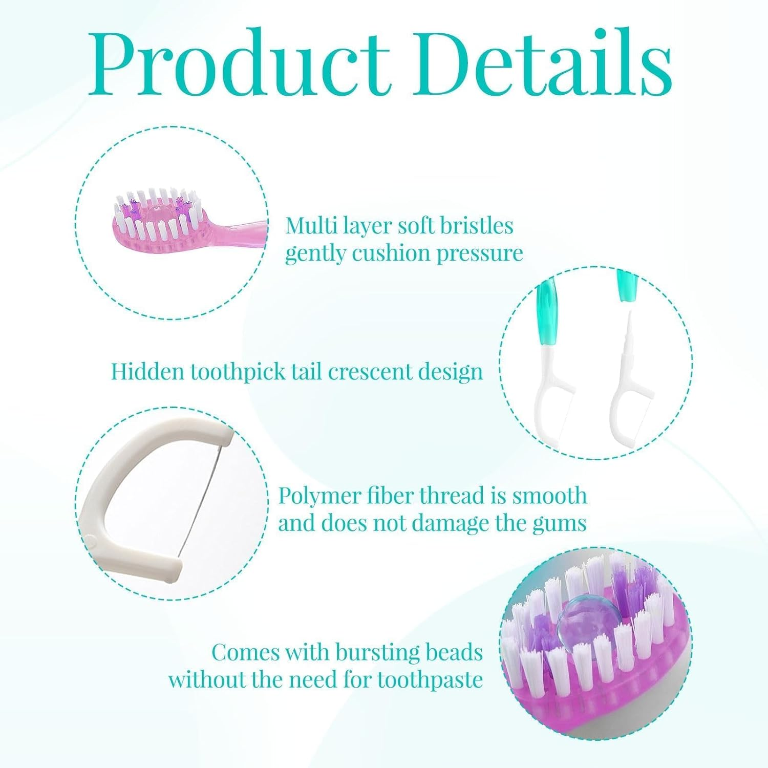 Disposable Toothbrush, 12Pcs Mini Toothbrush, 5-In-1 Disposable Toothbrushes Set with Freshening Bead, Floss, Pick, Tongue Scraper, Mini Travel Toothbrushes for Travel or Work image number 5