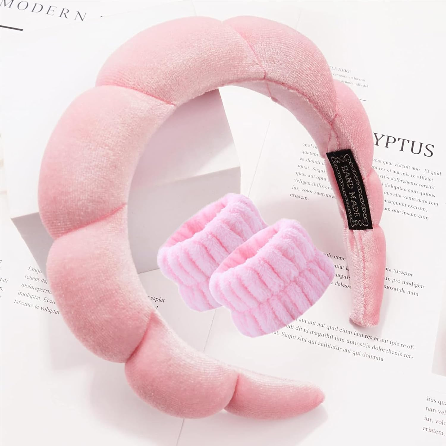 JOOTUEPO 3 Pieces Spa Headband for Washing Face, Elastic Hairbands Face Washing Wristband, Sponge Puffy Makeup Headbands for Women Girls Shower/Sports/Yoga (Pink)