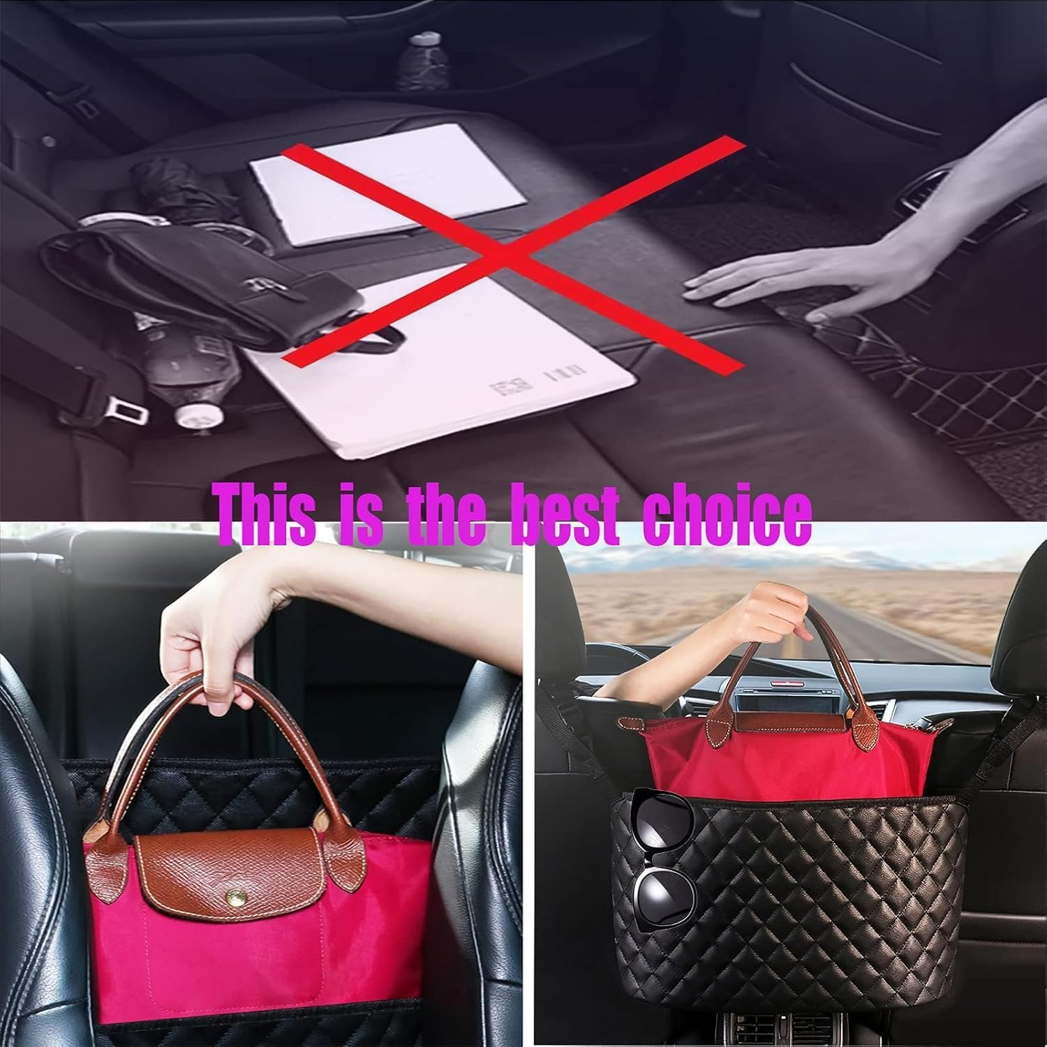 Car Net Pocket Handbag Holder，Purse Holder for Car between Seats，Leather Seat Back Organizer Mesh Large Capacity Bag，Handbag between the Two Seats of the Car