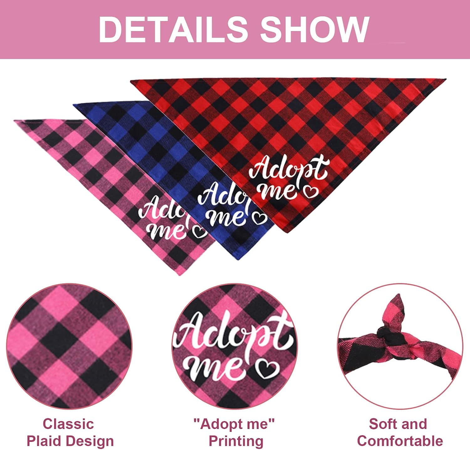 HACRAHO Dog Bandanas, 3 PCS Adopt Me Plaid Dog Bandana Adjustable Dog Bibs Scarf for Small Medium Dogs and Cats, M - L image number 5