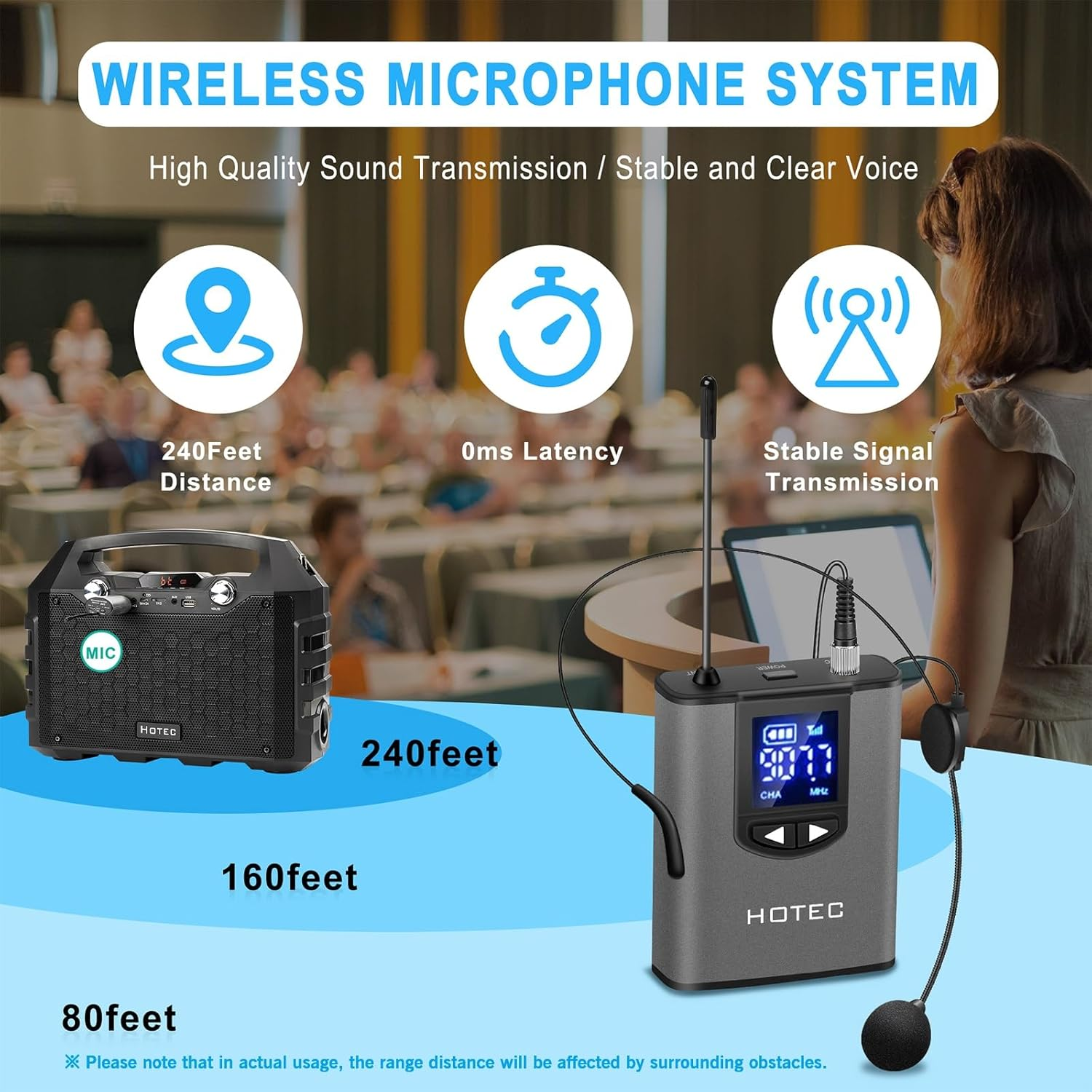 Hotec Wireless System with Dual Headset Microphones/Lavalier Lapel Mics and Bodypack Transmitters and One Mini Rechargeable Receiver 1/4" Output, for Live Performances image number 4