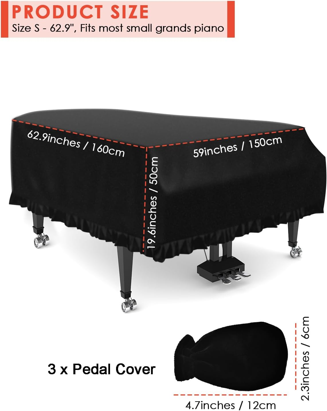 TINDTOP Grand Piano Cover, Velvet Dustproof Baby Piano Cover Washable Soft Bordered Decorated Full Triangle Piano Protective Cover image number 3