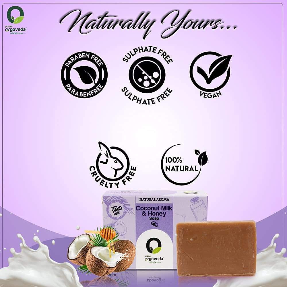 100% Natural Handmade Milk Honey Soap with Milk, Honey, Olive Oil, Coconut Oil, Sunflower Oil Free from Parabens, Sulphates and Mineral Oil | Prime Orgoveda | Softening Creamy Soap - 100G (Pack of 4) image number 4