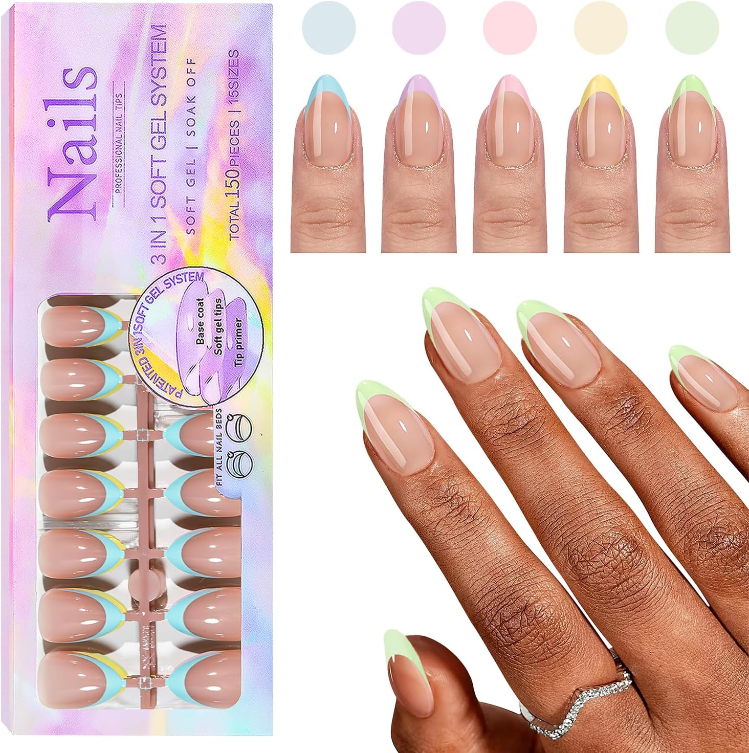 CHANGAR French Gel Nail Tips 150 Pieces Short Almond Shape French Press on Tips with Pre Applied Base Coat and Base Coat No Files Needed (Rainbow - Almond) image number 2