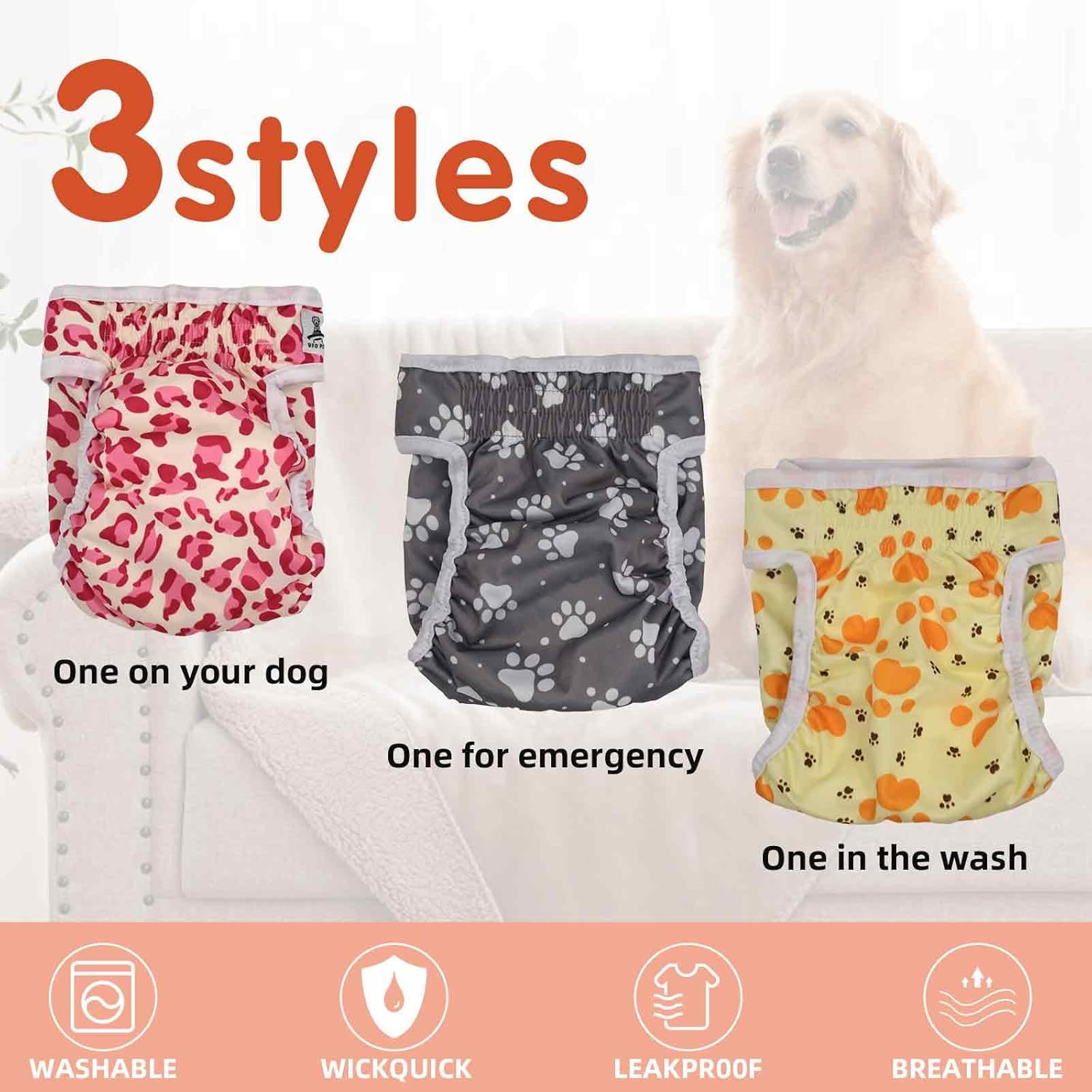 UFO PET Dog Nappies Female Small 3 Pack, Dog Period Heat Pants in Season, Super Absorbent & Adjustable Sanitary Reusable Doggy Puppy Diapers image number 4