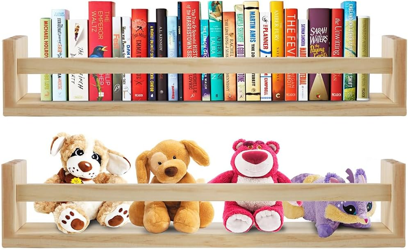 2 Pack Wood Nursery Bookshelves for Wall, 42 Cm Long Floating Book Shelves, Wall Mounted Bookcase for Bedroom, Playroom Organizer, Bathroom Decor, 42X10X10 Cm image number 4