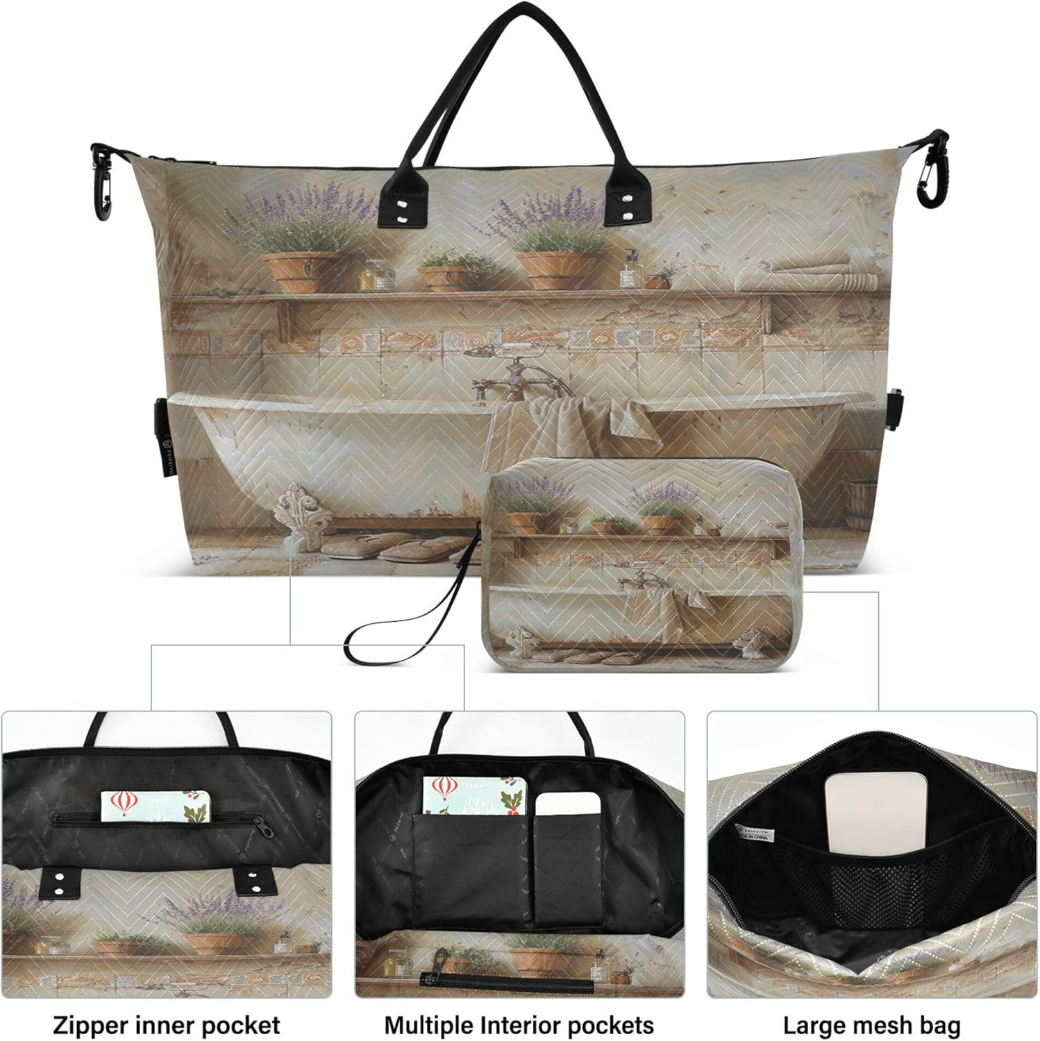 Travel Duffel Bag Travel Tote Gym Bag Overnight Bag with Toiletry Bag for Sports Foldable Elegant Bathtub with Vintage Tiles, Multi, 1 Size, Modern/Fitted, Multi, 1 Size, Modern/Fitted image number 5