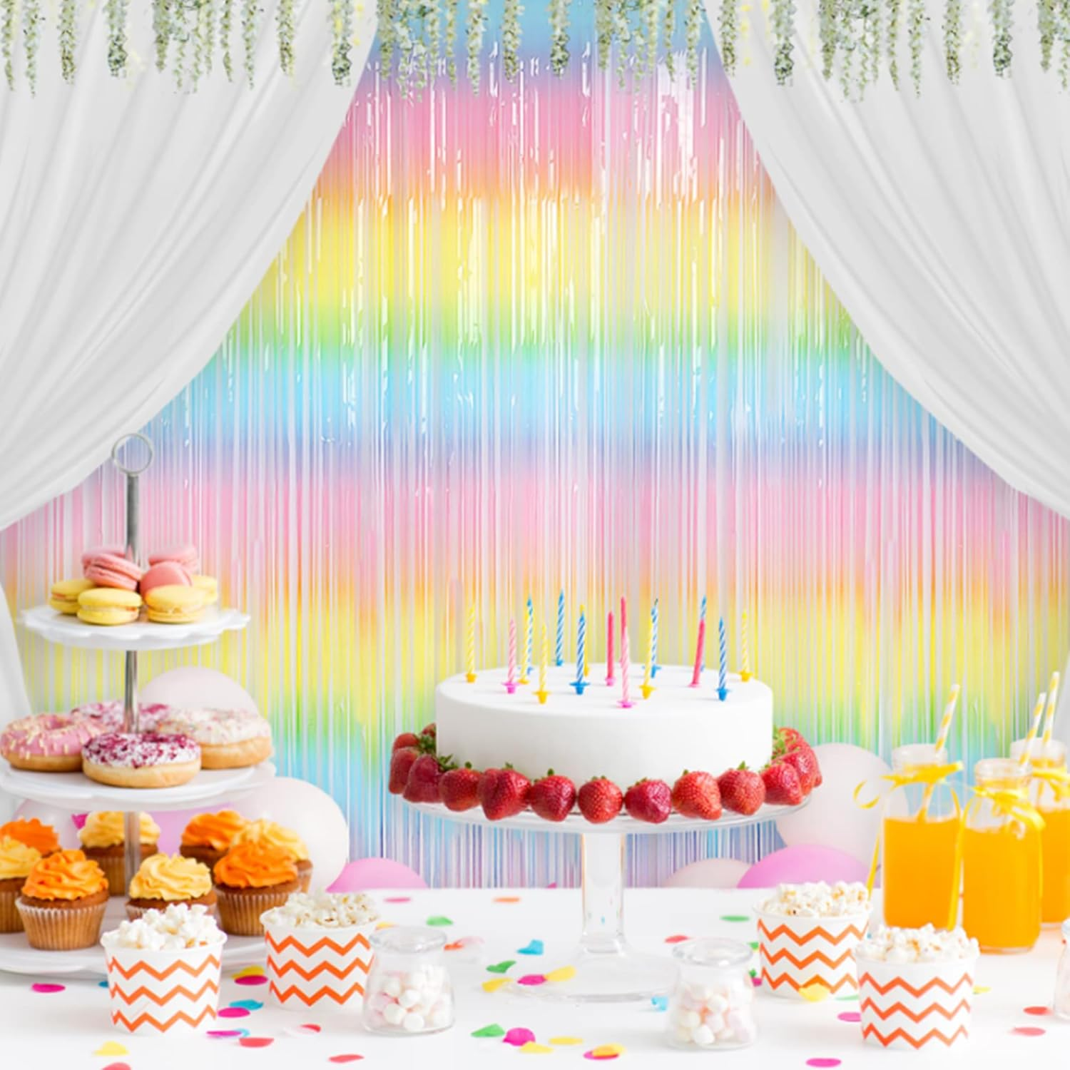 Foil Fringe Curtain Backdrop &ndash; Colorful Metallic Tinsel Streamers for Birthday, Baby Shower, Christmas & Party Decorations (Light Rainbow)
