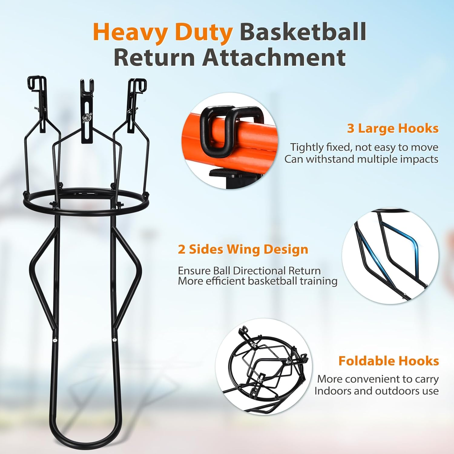 GADFISH Basketball Return Attachment, Heavy Duty Basketball Rebounder with 3 Stable Large Hooks, Durable Basketball Accessories for 18" Rim Basketball Training, Black image number 3