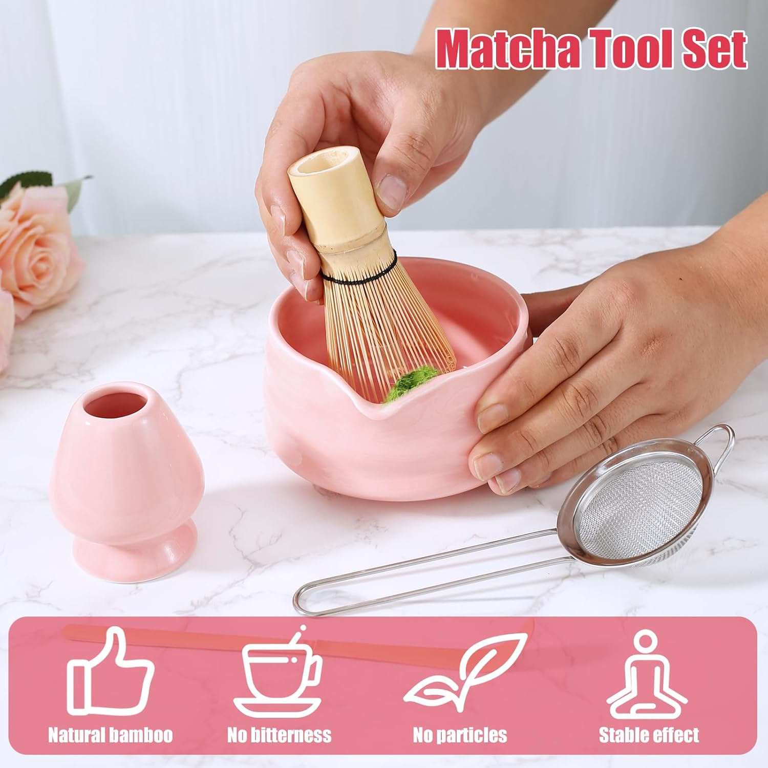 5 Pieces Matcha Tea Set, Matcha Whisk Set Cute Whisk and Bowl with Spout, Matcha Whisk Holder, Matcha Spoon, Stainless Sifter, Perfect Matcha Kit for Matcha Lover (Pink) - Glass Transparent image number 2