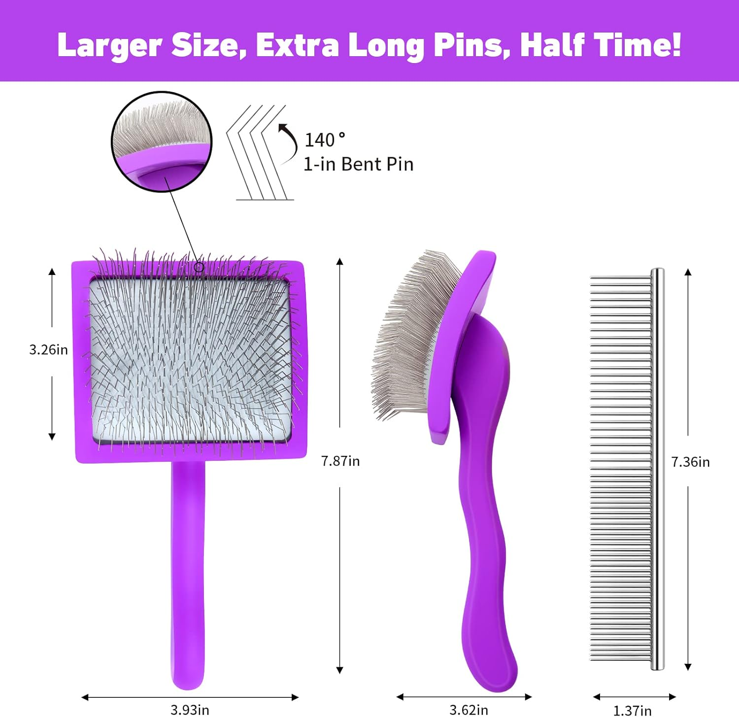YOPETAYU Dog Slicker Brush for Shedding and Grooming Medium or Long Haired Cats, Extra Long & Soft Pin Slicker Brush for Removes Loose Hair, Tangles, Knots, Undercoat, Free Pet Comb, Large Purple image number 2