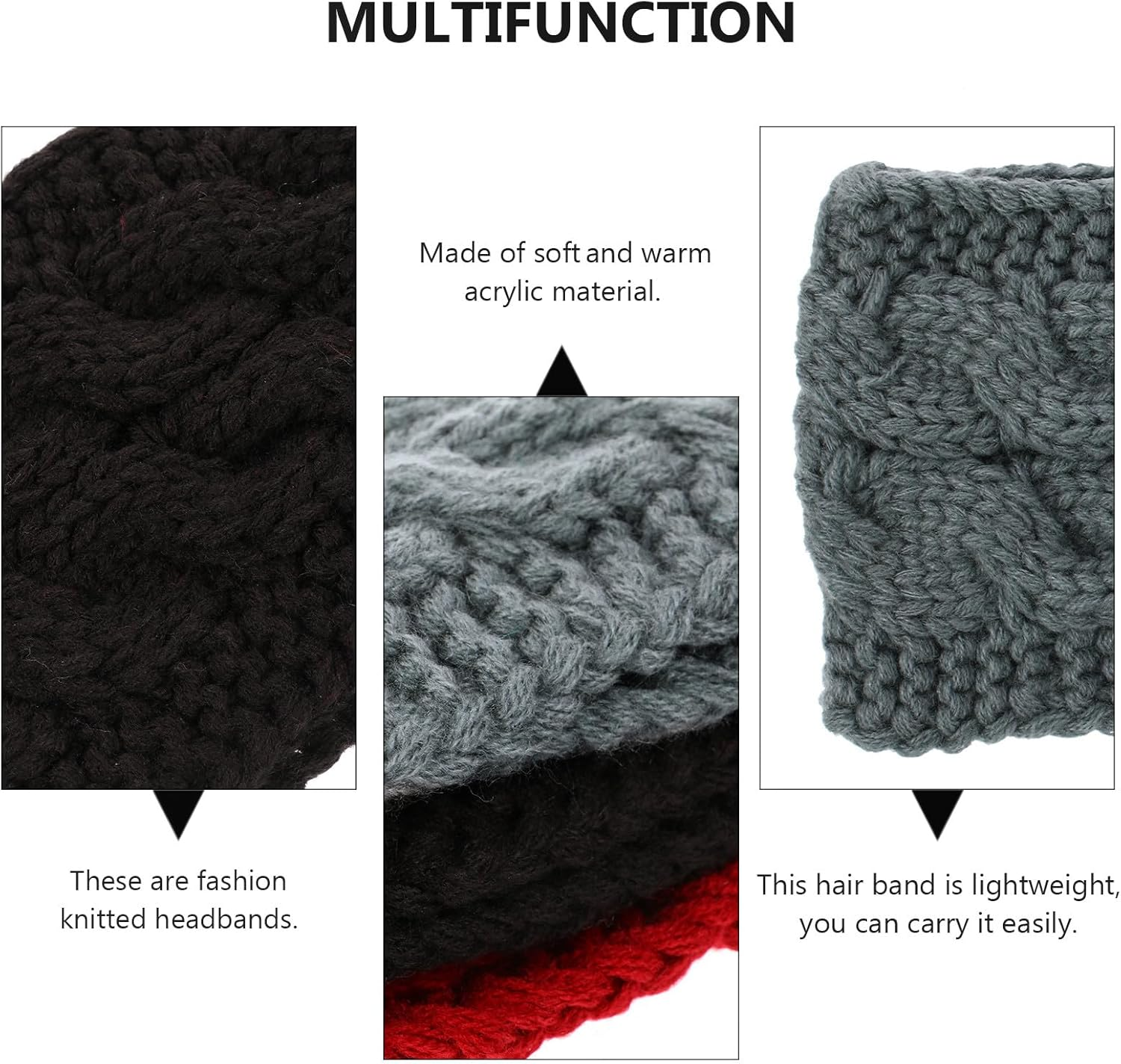 MOBUTOFU 3Pcs Women&rsquo;S Knitted Headbands Set &ndash; Elastic Wide Hairbands Knit Ear Warmers, Winter Head Wraps for Outdoor Sports and Cold Weather in Black, Wine Red, and Dark Grey image number 1