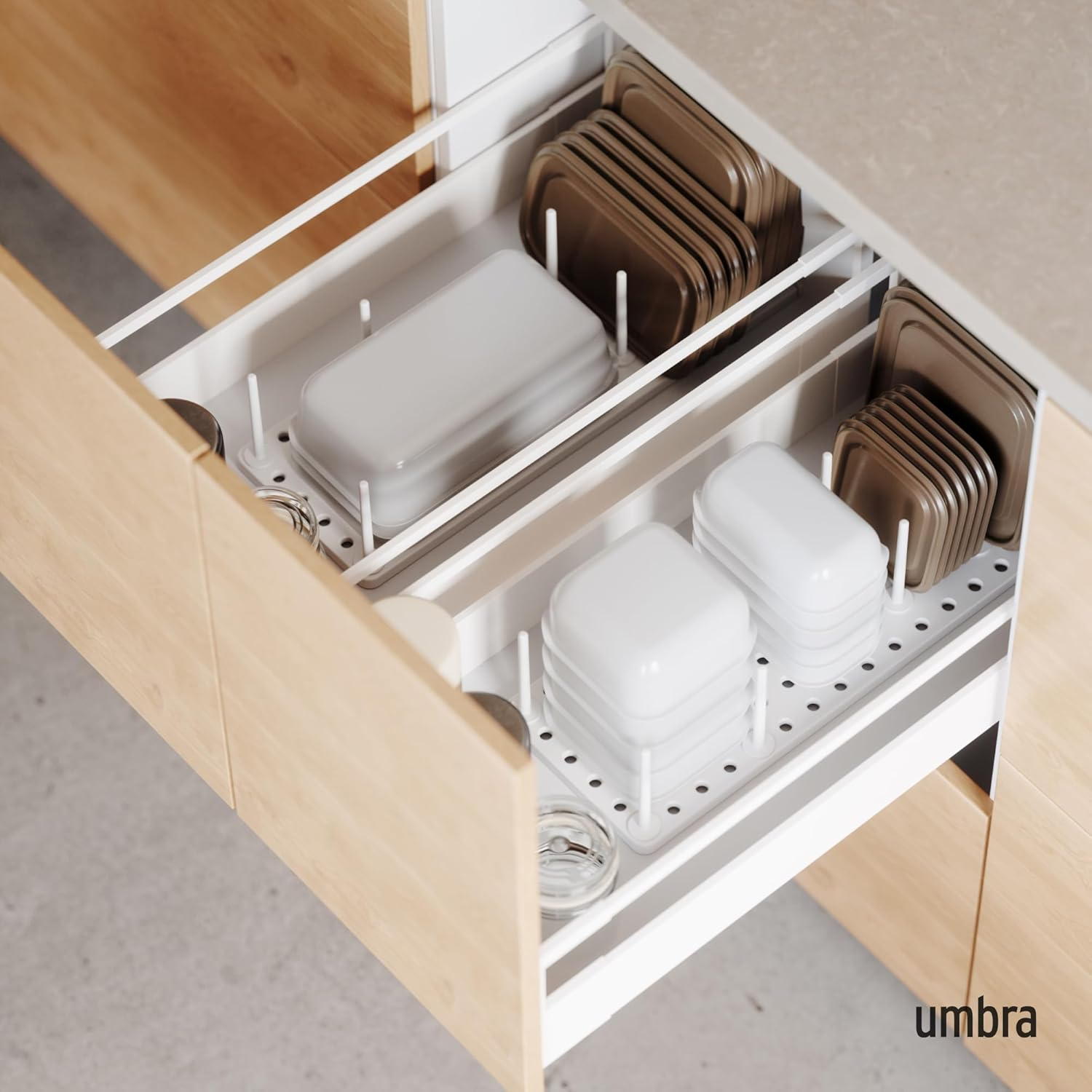 Umbra Peggy Kitchen Cupboard, Shelf and Drawer Organizer Tray - Adjustable Storage System, White image number 2