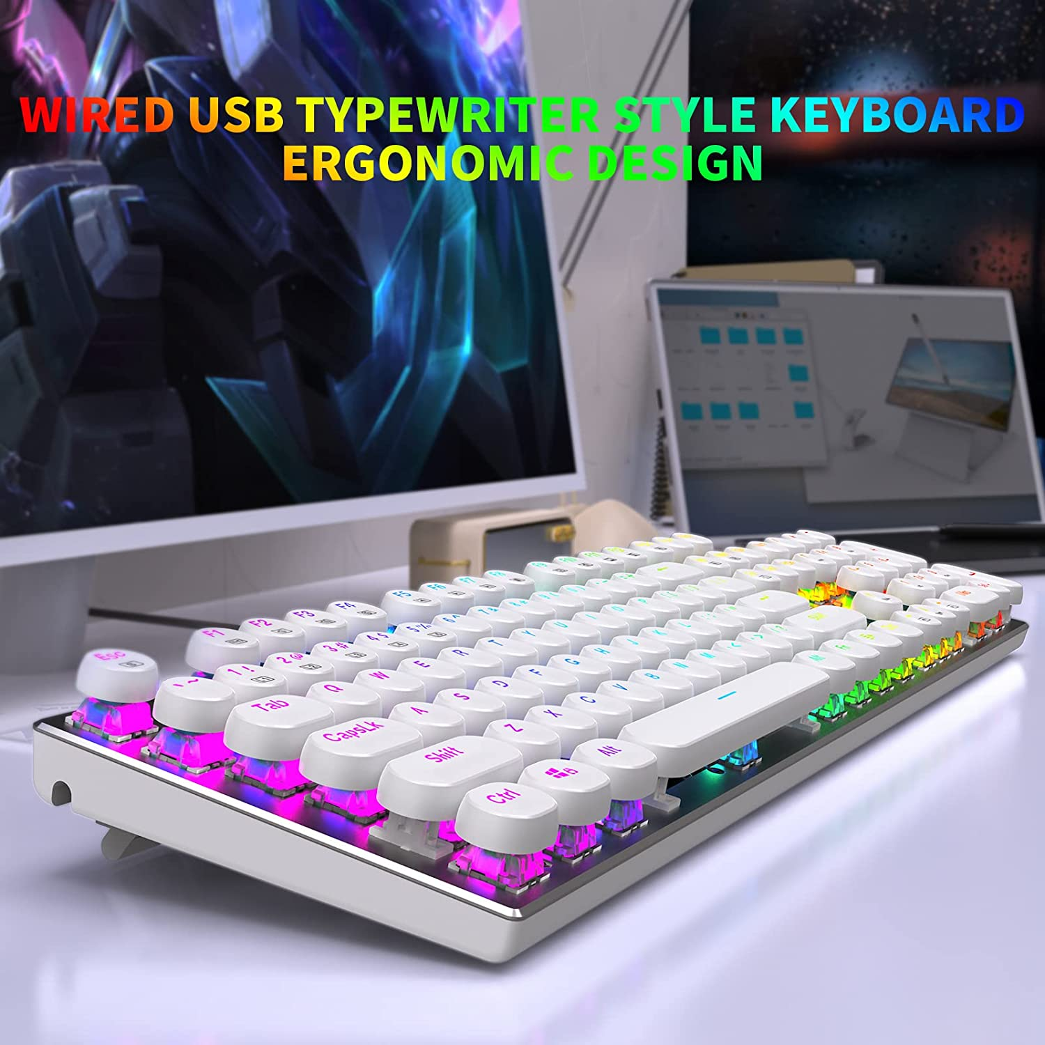 HUO JI Z-88 Retro Mechanical Gaming Keyboard, Programmable RGB Backlit, Blue Switch -Tactile & Clicky, Typewriter Style, Water Resistant 104 Keys Anti-Ghosting for Mac PC, White image number 2