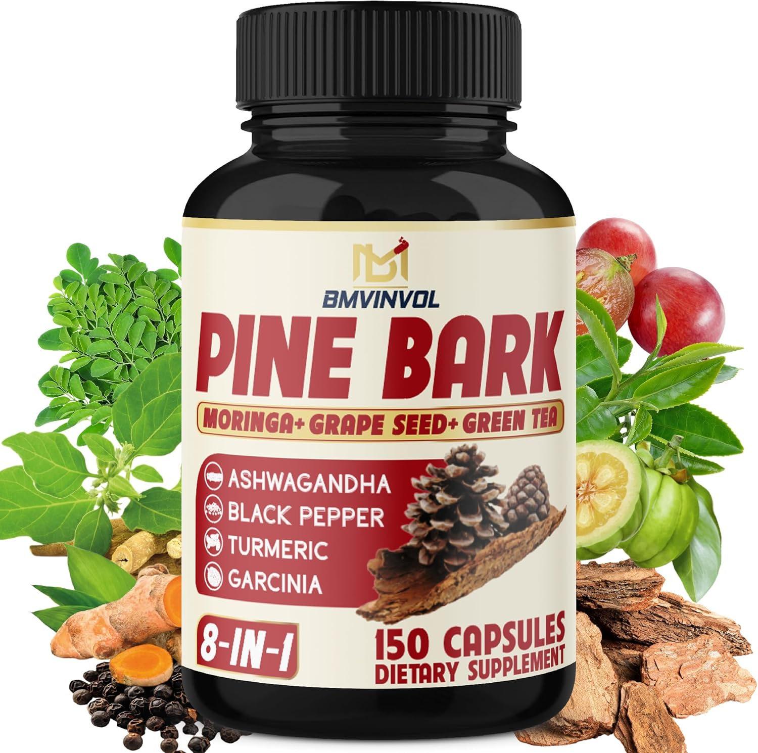 Pine Bark Capsules with Ashwagandha, Turmeric, Green Tea, Garcinia Cambogia, Moringa, Grape Seed, and Black Pepper - 150 Count - 5 Month Supply image number 1