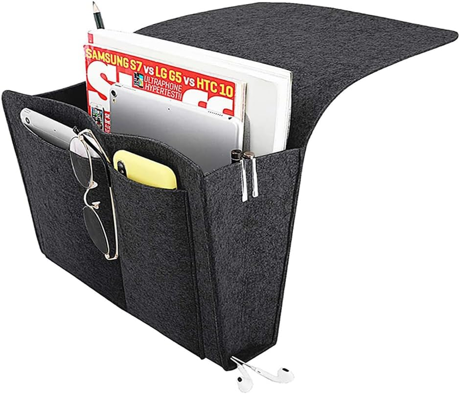 Vivva Bed Caddy Organizer under Mattress, Pockets Felt Sofa Storage Bag, Student Dormitory Bedside Book Storage Hanging Bag, Bedside Caddy for Magazine, Headphones, Remote Control (L, Khaki)
