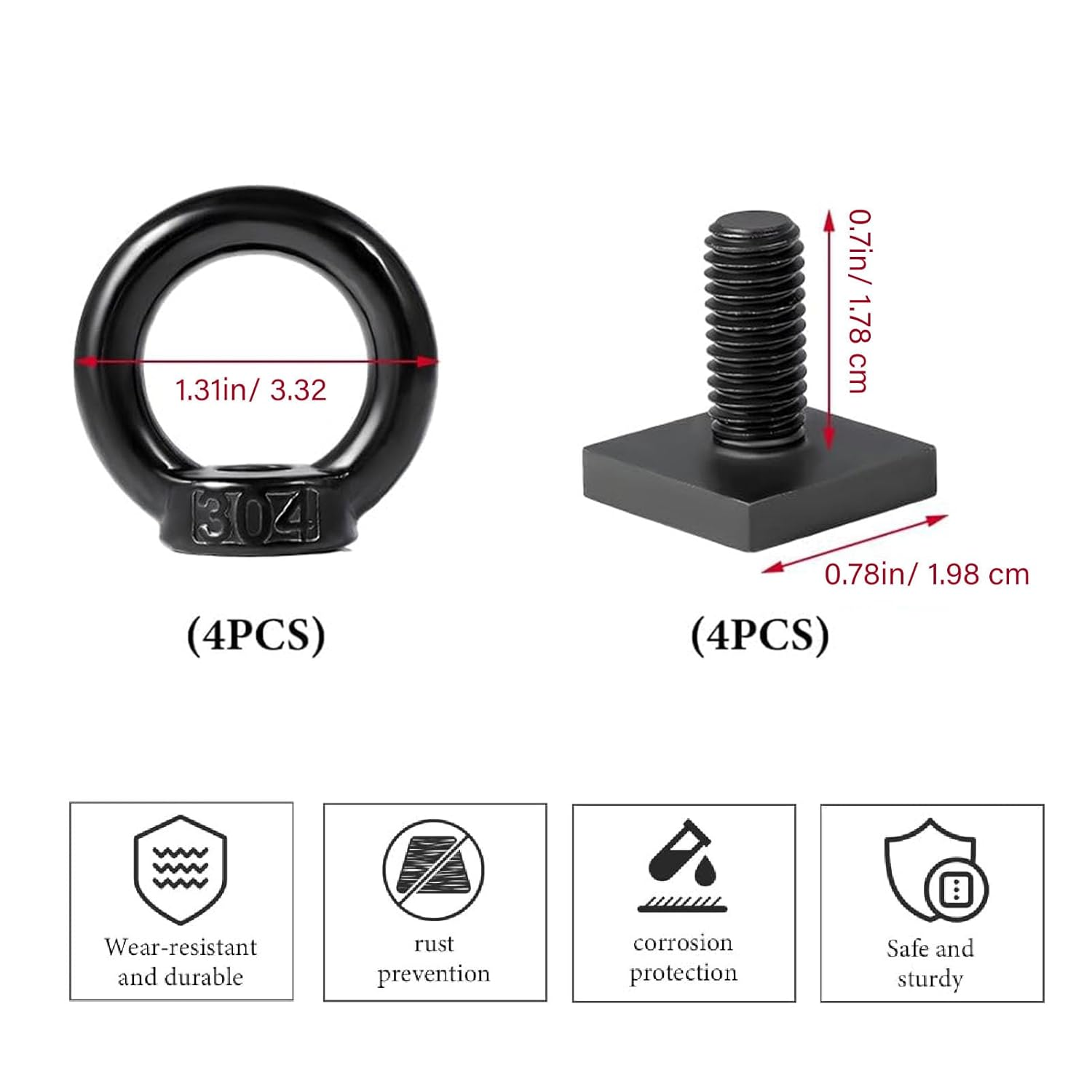 Jiawu M8 Stainless Steel T-Bolt Eye Nut Tie down Rings, 4 Pack, Black - Silver image number 3