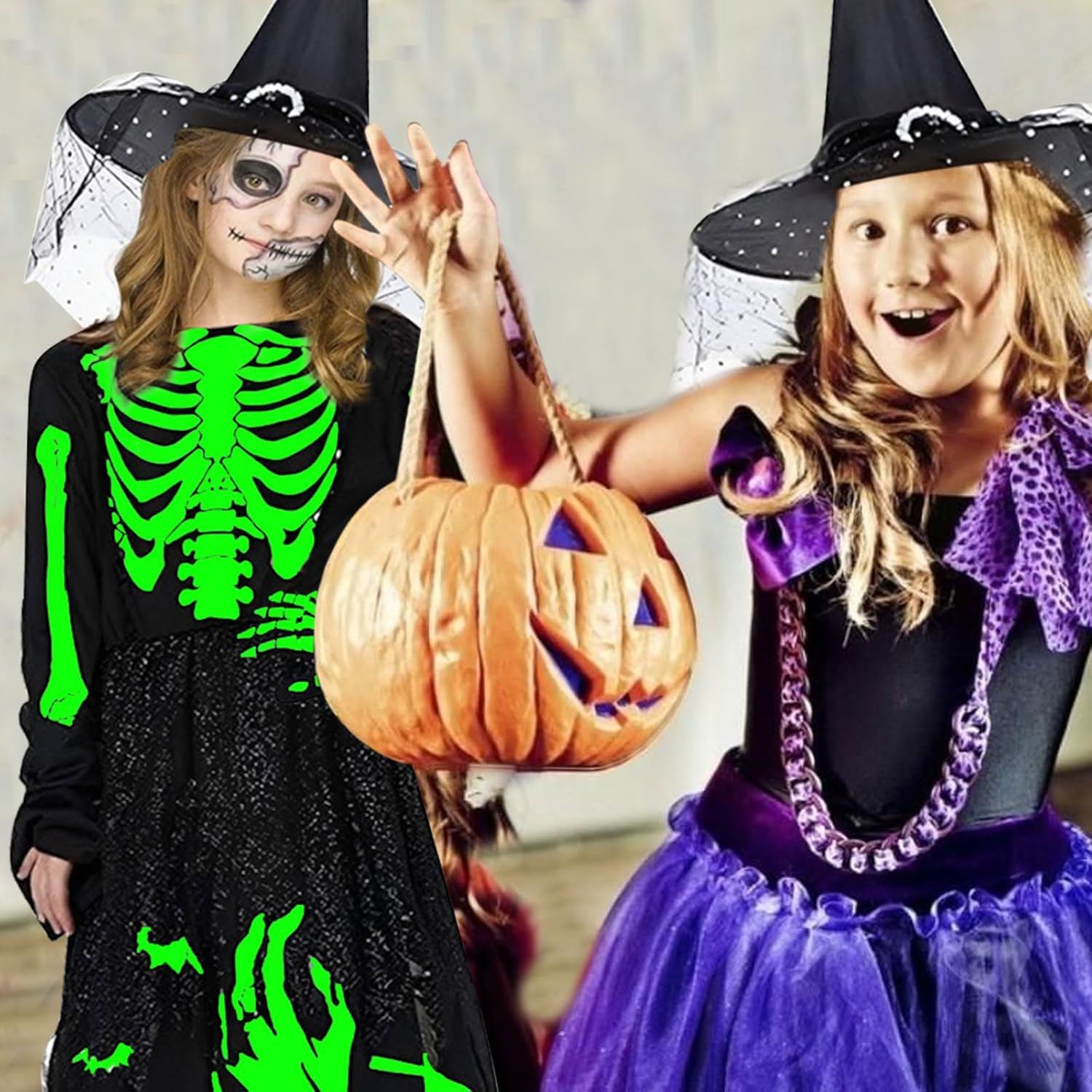 Giugio Witch Costume Girls, Princess Skeleton Costume Children Girls, Halloween Skeleton Costume with Skeleton Gloves and Witch Hat, Witch Costume Vampire Costume Child Witch Costume for Carnival