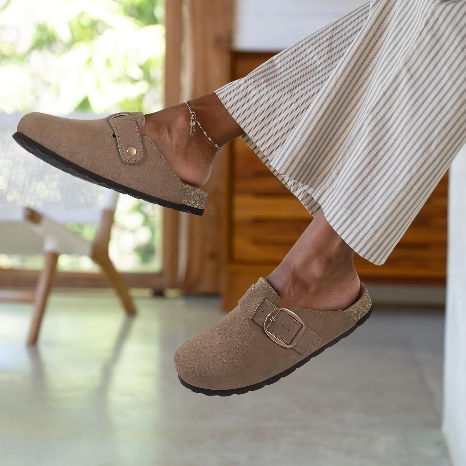 KIDMI Genuine Suede Clogs for Women Memory Foam Cork Footbed Potato Shoes Slip on Leather Mules with Big Buckle image number 6