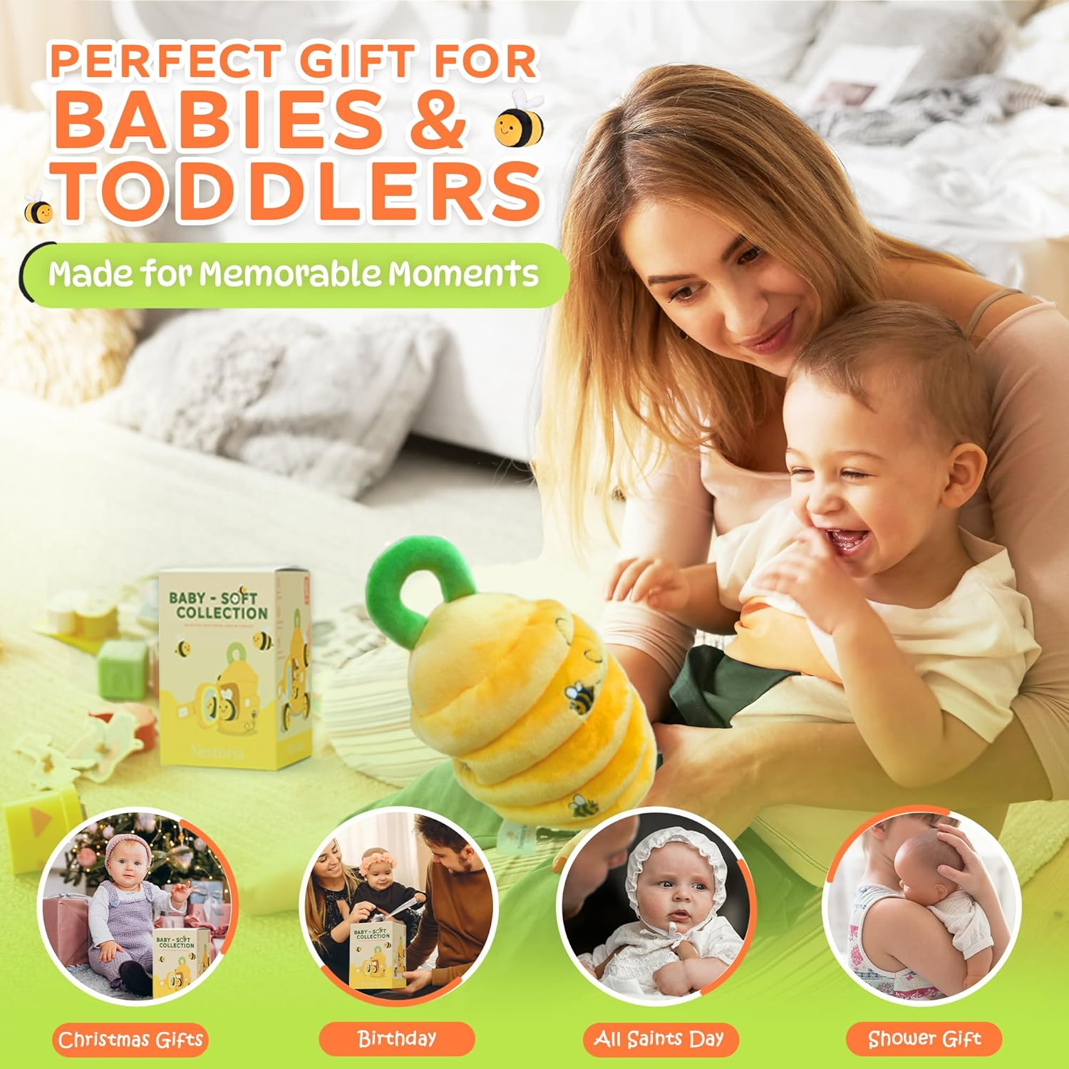 Nestoria Baby Plush Beehive Toy &ndash; Montessori Sensory Playset with 5 Soft Bees &ndash; Fine Motor Skill Development, Educational Plush Toy for Babies & Toddlers 6 12 36 Months | Baby Christmas Birthday Gift image number 2