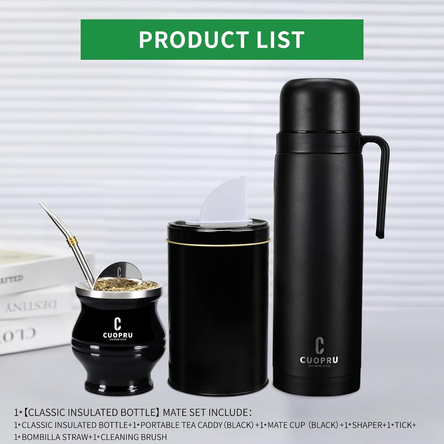 Cuopru Premium Stainless Steel Yerba Mate Kit, Gourd, 33.8Oz Insulated Bottle, Container, Bombilla, Cleaning Brush, Tea Filter Set, Matte Black image number 1