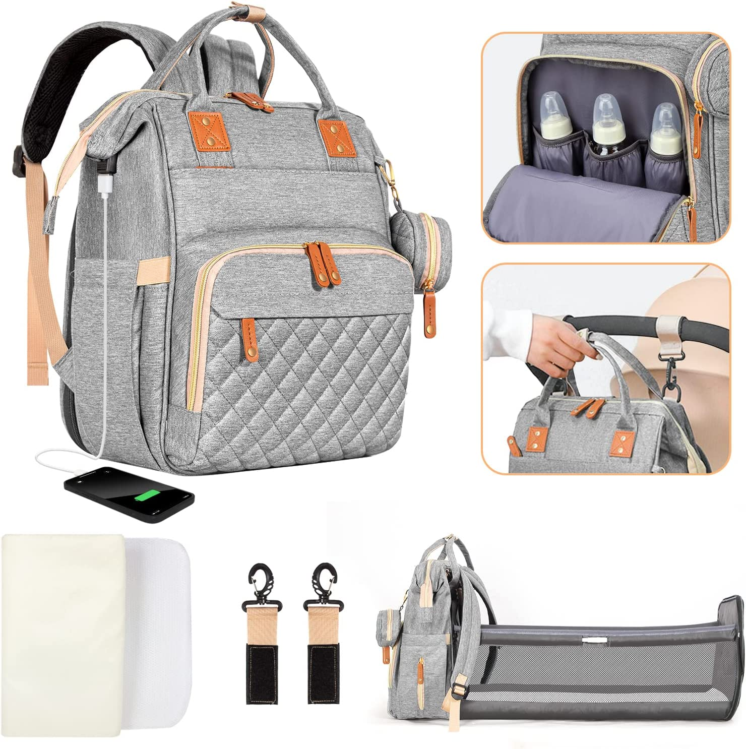 Leogreen 3 in 1 Diaper Bag Backpack with USB Charging Port, Pacifier Case, Stroller Straps, Thermal Pockets, Multi-Functional Large Waterproof Travel Baby Nappy Bags