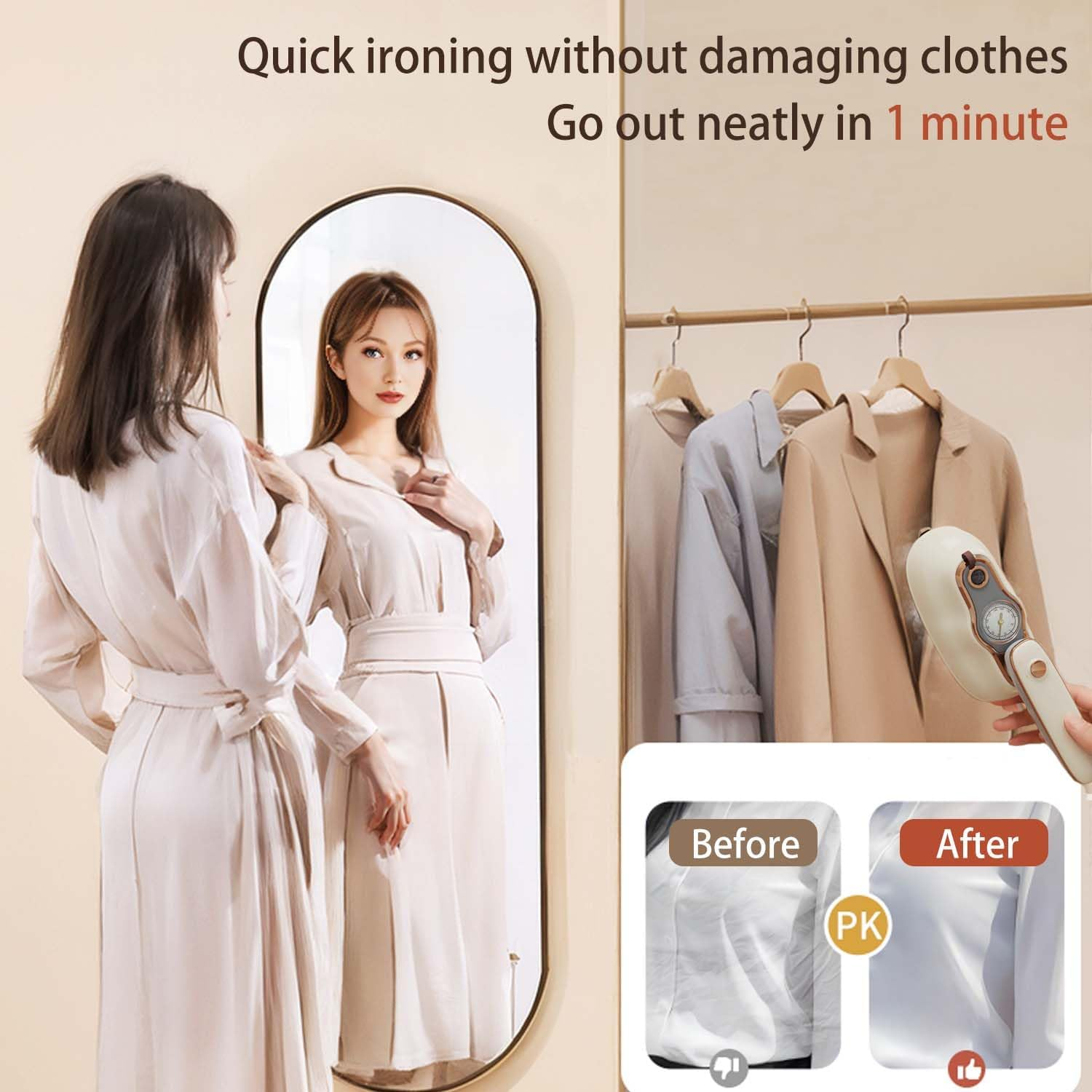 Portable Handheld Garment Steamer Foldable,1200W Fast Heat-Up Travel Steamer with Temperature Indicator 2 in 1 Ironing & Steaming Handheld Clothes Steamer for Home Appliances, Gifts, Travel (Beige) image number 5