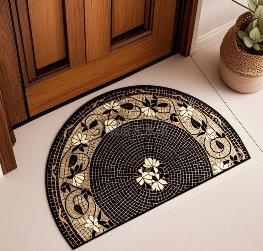 Decorative Half-Circle Mosaic Glass Floor Mat, 50 X80Cm, Green Leaf Pattern, Non-Slip Entrance Doormat (Gray) image number 2