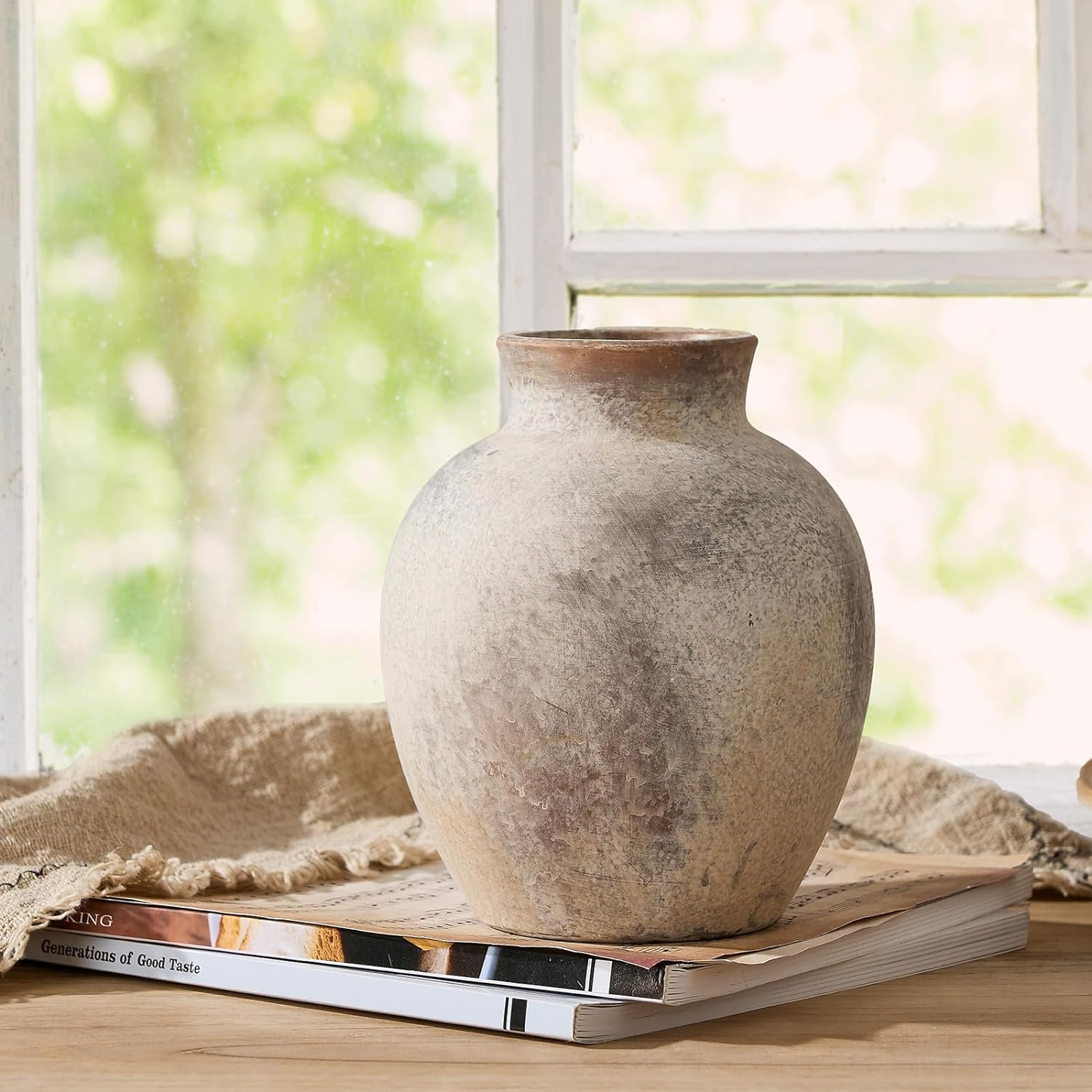 SIDUCAL Ceramic Decorative Flower Vase | 6 Inch Pottery Rustic Farmhouse Vase | Boho Vase for Home Decor | Whitewashed Terracotta Vase for Table, Living Room, Bathroom, Shelf, Mantel Decoration - 443-Bronze image number 4