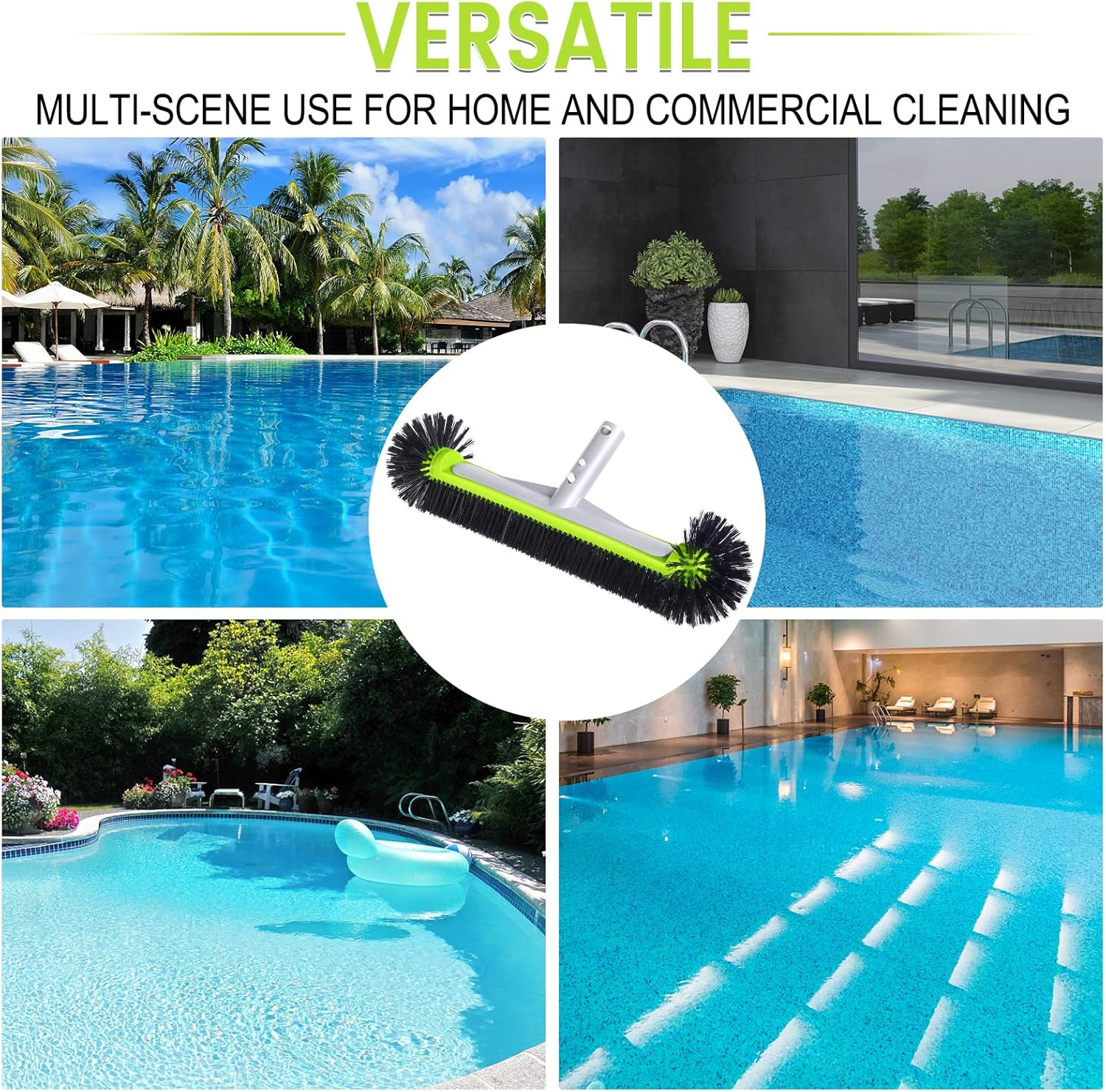 Swimming Pool Brush Head with round Ends,17.5" Heavy Duty Aluminum Back Head for Cleans Walls, Tiles & Floors, 7 Rows Premium Nylon Bristles with EZ Clips (Green Black) image number 3