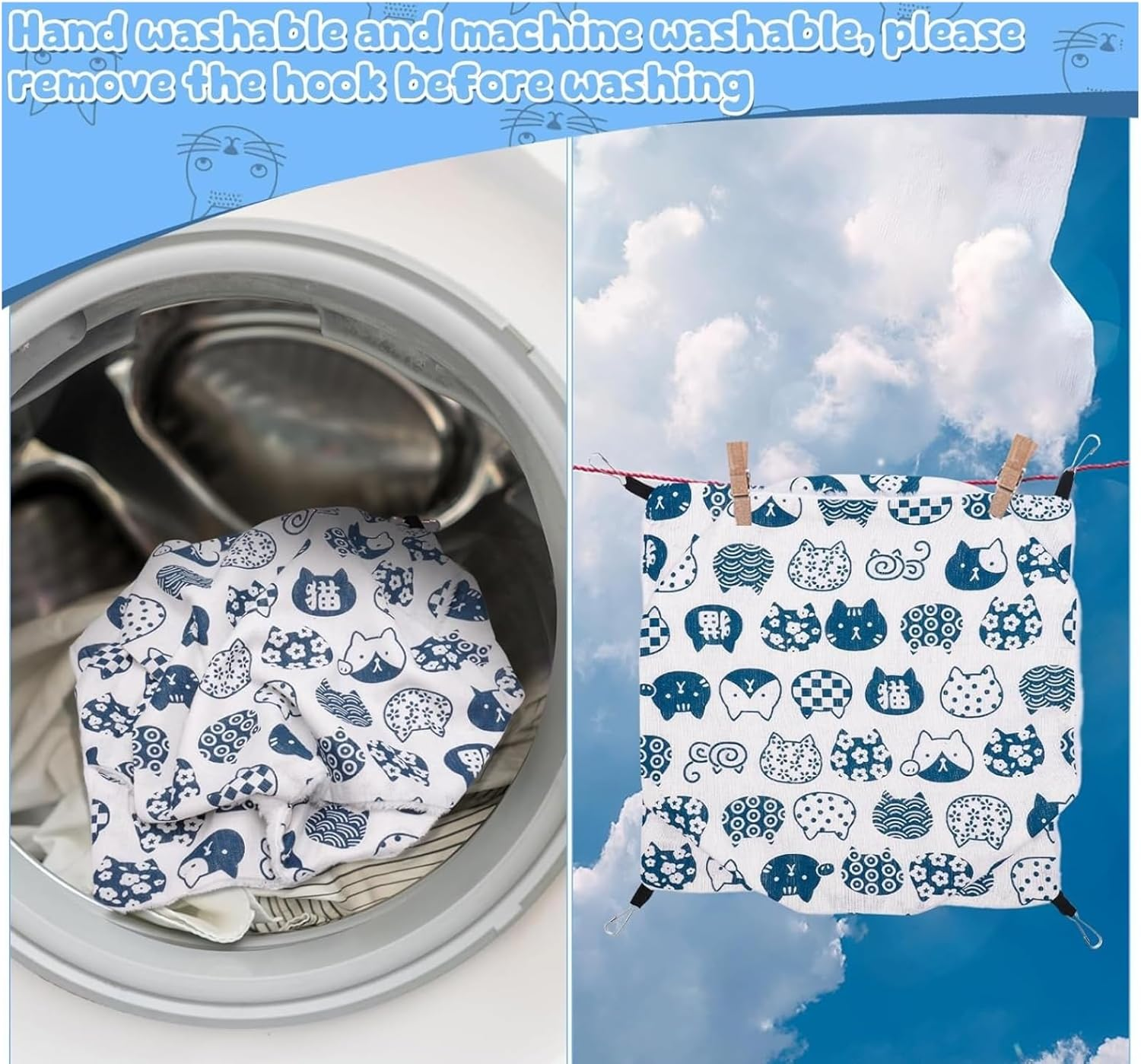 CKONXE Cat Hammock for Cage Hanging Reversible 2Pack, 35 X 50 Cm, Navy Cat Pattern,With Adjustable Straps and Metal Hooks，Soft Double-Sided Hammock Suitable for Cats, Puppy, Ferrets, and Small Animals image number 2