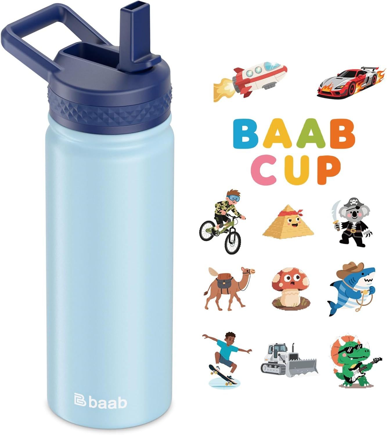 Baab 18Oz Kids Water Bottle, Insulated Water Bottle with Straw & Stickers, 18/8 Stainless Steel Vacuum Leakproof Kids Water Straw Cup for Sports Travel & School (Light Blue, 1 Pack)