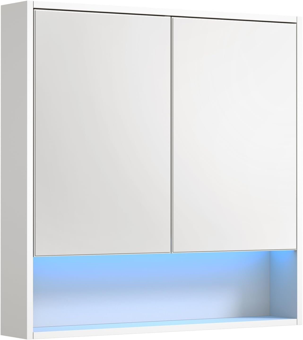 OIKITURE Bathroom Mirror Cabinet with 16 LED Lighted Colours, Bathroom Cabinet with Closed and Opened Wall Mount Storage Shelves, Cupboard Shower Mirror, White, 75&times;75Cm image number 4
