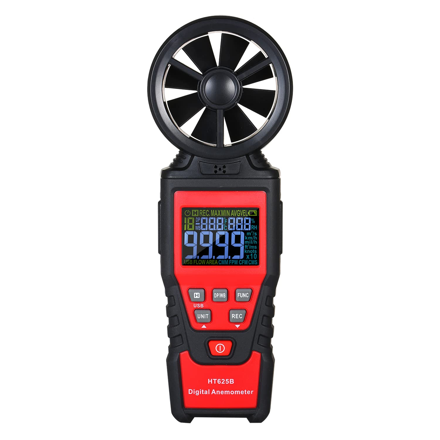 Handheld Anemometer Digital Wind Speed Meter with USB, LCD Color Display Measures Wind Speed Humidity Temperature, Air Flow Volume, Dew Point Temperature for HVAC Vents, Boat Sailing, Shooting HT625B image number 2