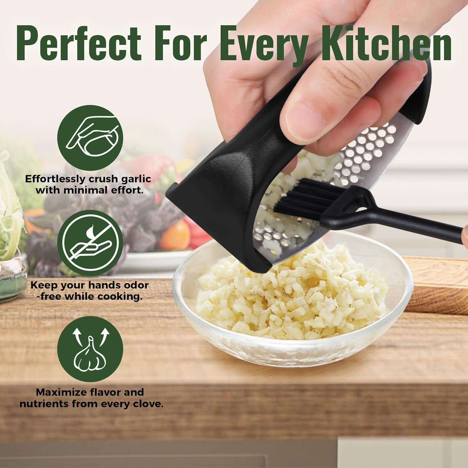 Garlic Press Rocker, Stainless Steel Garlic Masher and Garlic Crusher with Silicone Tube Set with Peeler and Cleaning Brush,Professional Kitchen Gadgets Garlic Chopper for Smashing Garlic