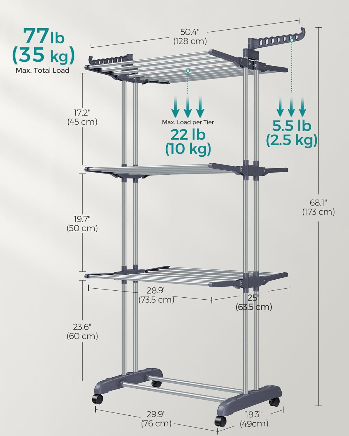 SONGMICS Clothes Drying Rack Stand 4-Tier, Foldable Laundry Drying Rack 67.7-Inch Tall, Stainless Steel, Rolling Clothes Horses Dryer Rack, Easy to Assemble, Indoor Outdoor Use, Gray ULLR701G01 - White + White image number 4