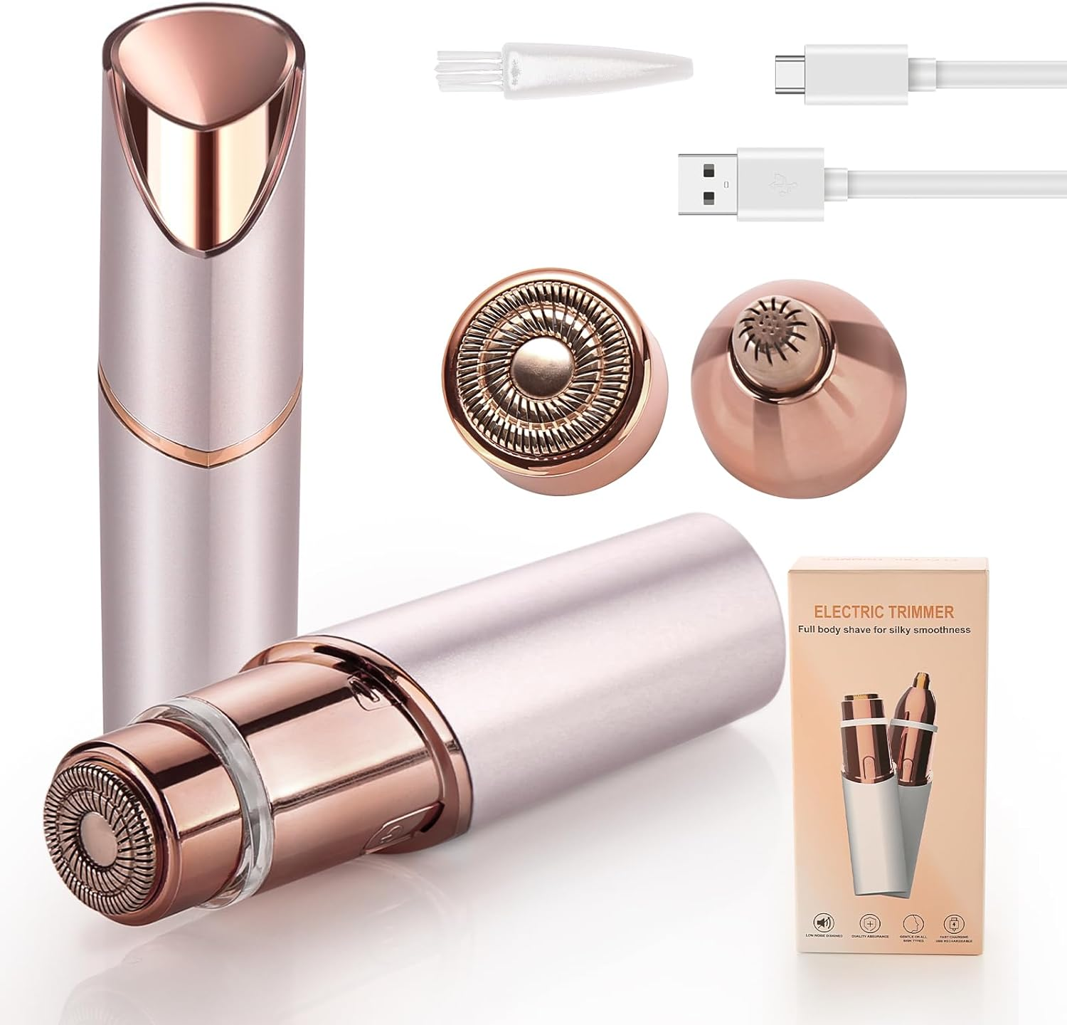 EDIMENS 2-In-1 Rechargeable Eyebrow Trimmer & Facial Hair Remover for Women - Painless Flawless Hair Removal with LED Light for Eyebrows, Lips, Nose & Body (Champagne)