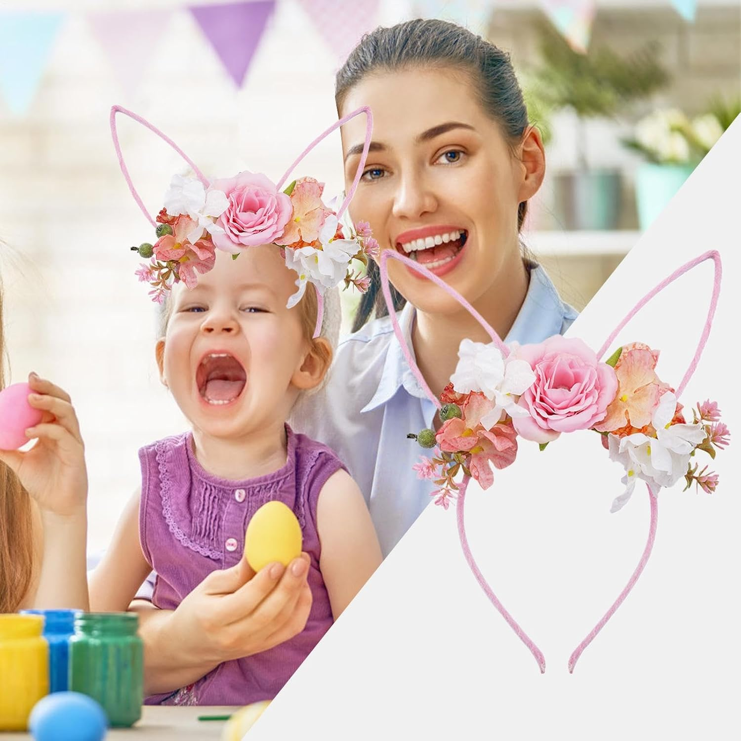 Bunny Ears Headbands | Headwear with Flowers - Easter Headband,For Christmas Halloween Party Valentine'S Day Women Costume Kids - White 1 image number 7