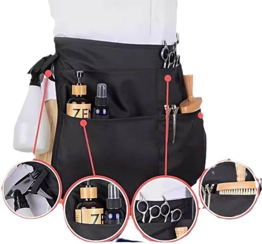 4 Pockets Black Waist Apron, Server Aprons with Antibacterial Lining for Hair for Waitresses Waiters Chefs Serving Aprons Barber Tools (50 X 37CM)