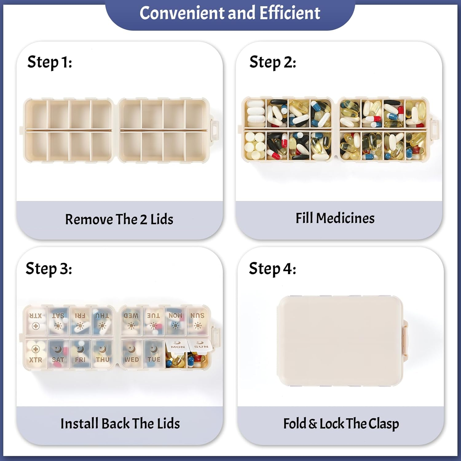Foldable & Portable Pill Organizer 2 Times a Day with Extra Compartment - Etched Labels - Weekly 7 Day AM PM Medicine Box, Week Daily Travel Pill Case Holder Dispenser for Vitamin, Supplement - Khaki image number 2