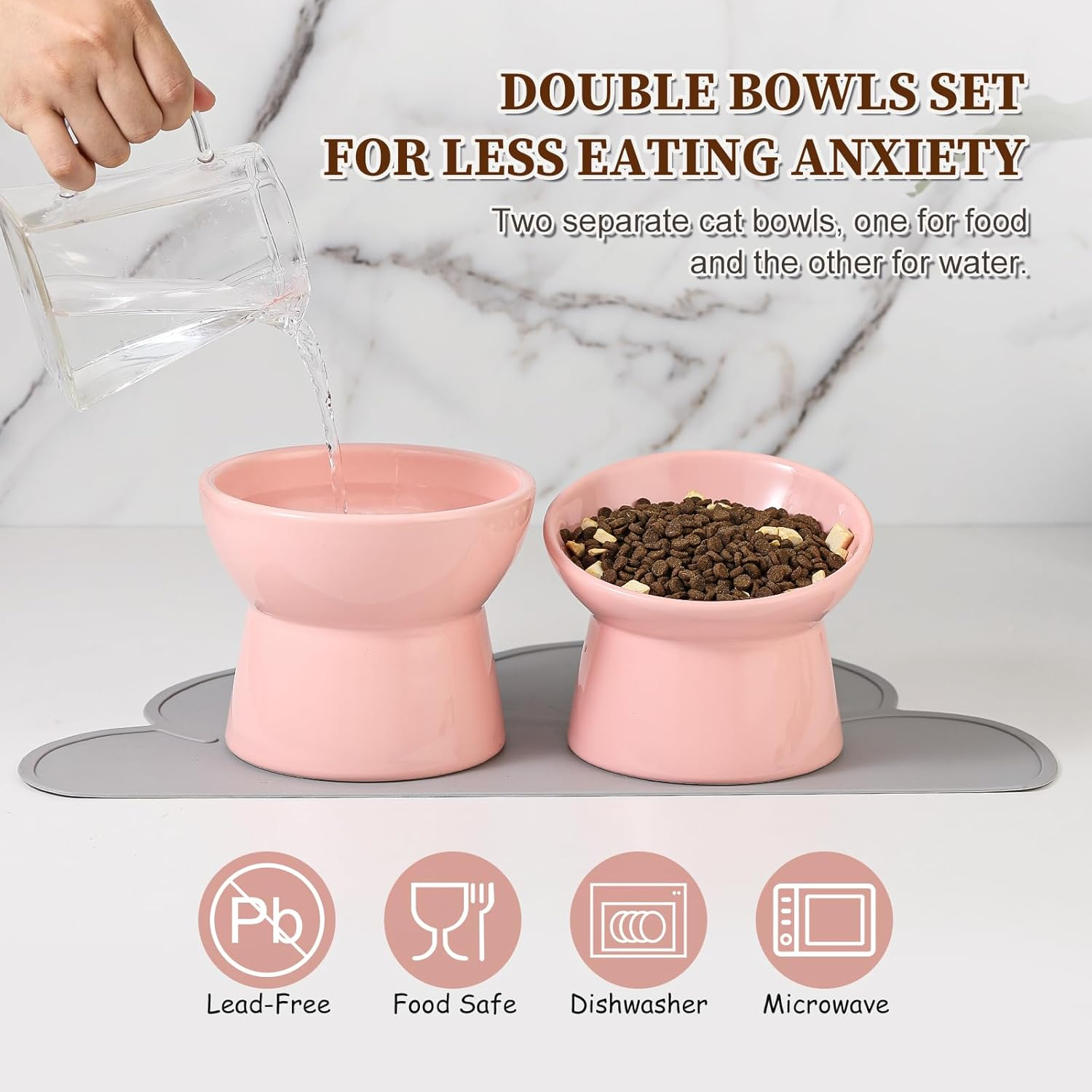 Cat Food Water Bowl Set - Raised Ceramic Cat Feeding Bowls with Non Slip Mat - Elevated Cat Dishes anti Vomiting - Extra Wide Large Cat Bowl Whisker Friendly - Microwave and Dishwasher Safe - 3 Pack image number 2