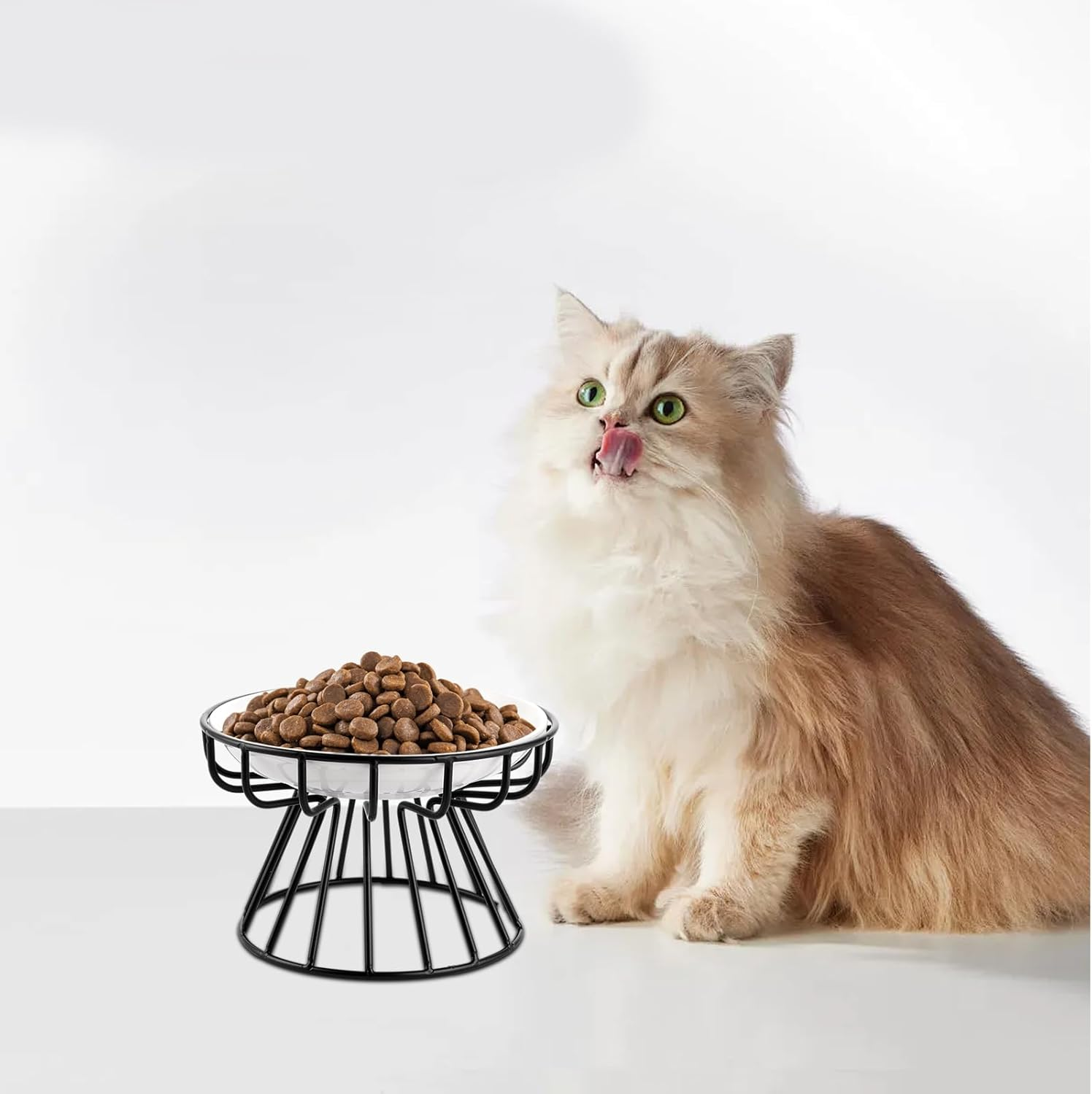 VIDETOL Set of 3 Raised Cat Bowls with Metal Stand and Non-Slip Mat, Ceramic Cat Bowls for Cats and Dogs