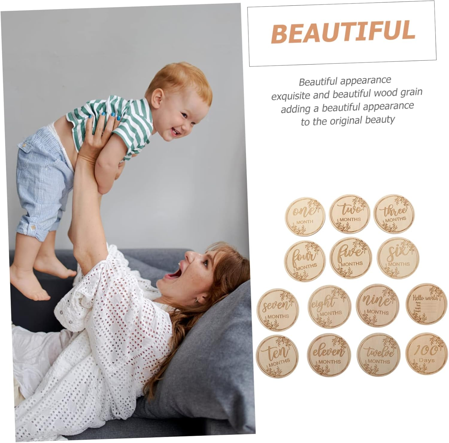 HANABASS 1Set Wooden Monthly Milestone Cards Cards for Newborn Photography Memory Keepsakes for First Year Commemorations image number 5