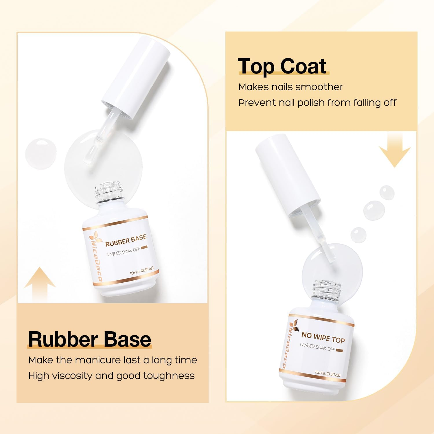 Nicedeco Rubber Base and No Wipe Top Coat Set 2 Pcs 15Ml Gel Nail Polish Soak off LED U V Gel Nail Kit Cruelty-Free & Vegan