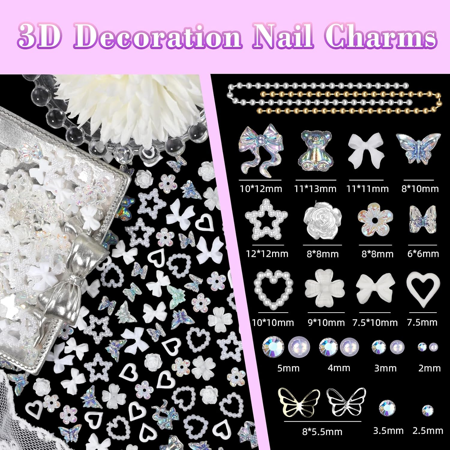 Flatback White Nail Charms Set, Assorted Bow Heart Flowers Acrylic Nail Art Charms, AB Rhinestones Nail Gems, round Pearls Nail Charms, Silver Gold Butterfly Nail Charms Gems for Nail Art DIY
